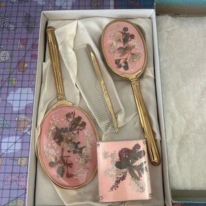 Antique Pink Floral Vanity Set - Hand Mirror, Brush, Comb & Compact